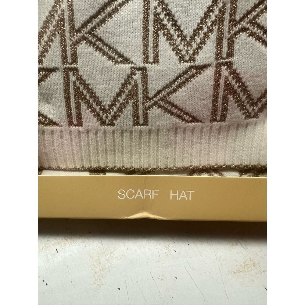 Michael Kors Women's Metallic Logo Muffler Scarf and Knit Beanie Set Cream/Gold, - Picture 3 of 3